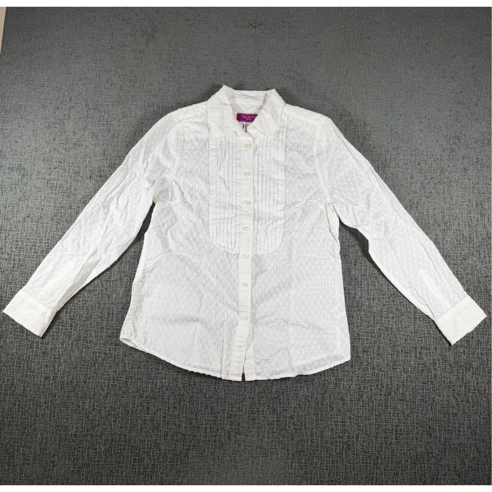 Talbots Oprah Magazine Collection White Swiss Dot Tuxedo Bib Shirt Petite 4P